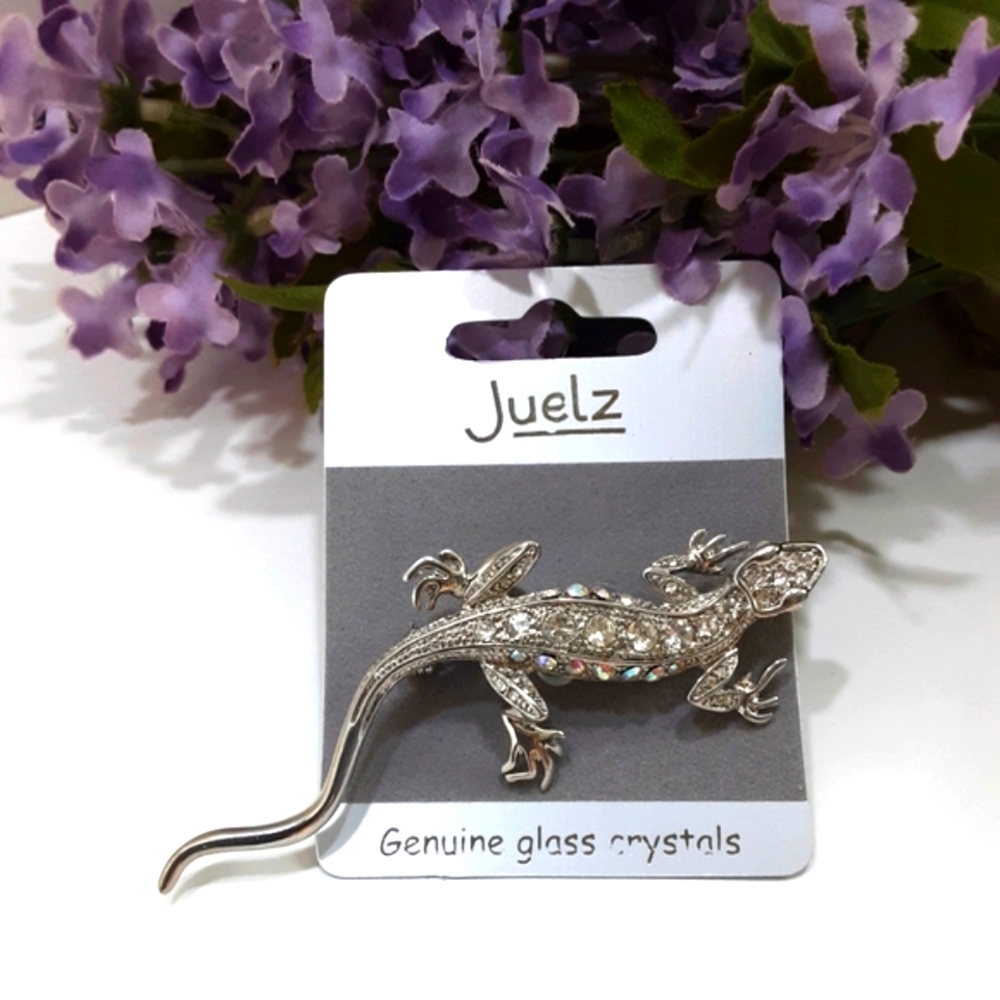 New Gecko Lizard Brooch Genuine Crystal Rhinestones Silver Tone Large 3 3/4"